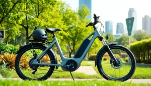 Navigate ebike Singapore through a lush urban park with a sleek electric bike at the center.