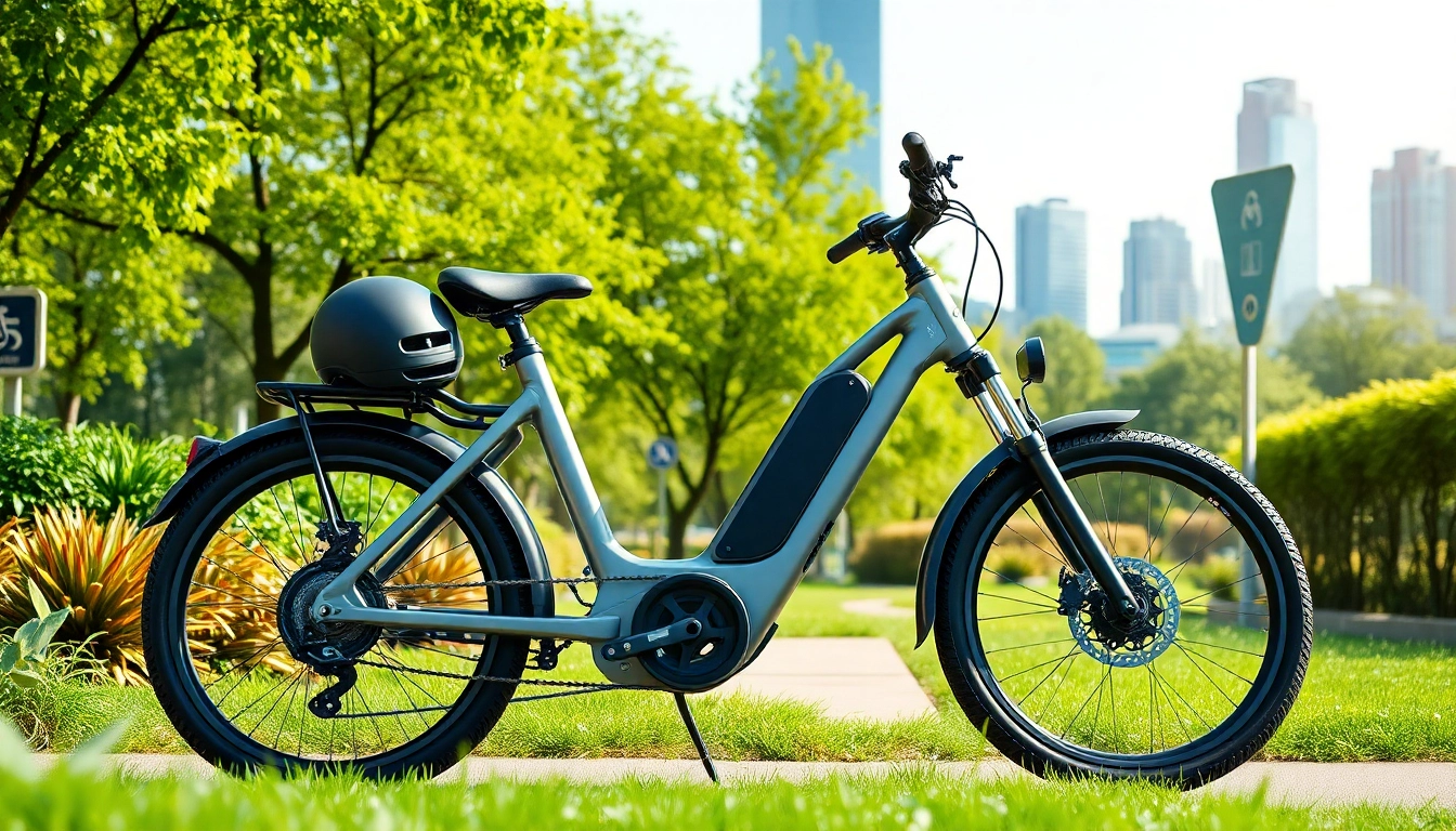 Navigate ebike Singapore through a lush urban park with a sleek electric bike at the center.