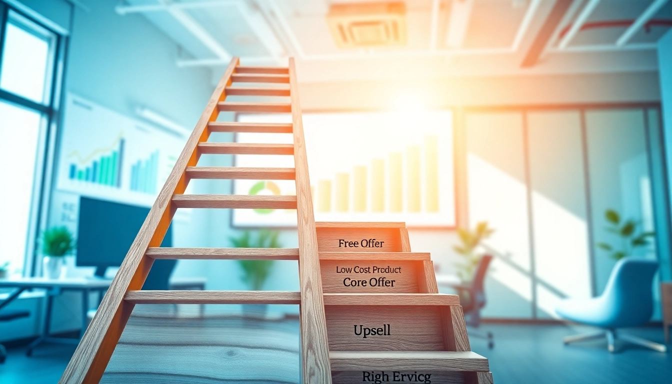 Illustration of a marketing strategy using Russell Brunson’s value ladder showcasing growth stages.