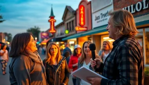 Engaging interview capturing jasper news in lively community atmosphere with locals in conversation.