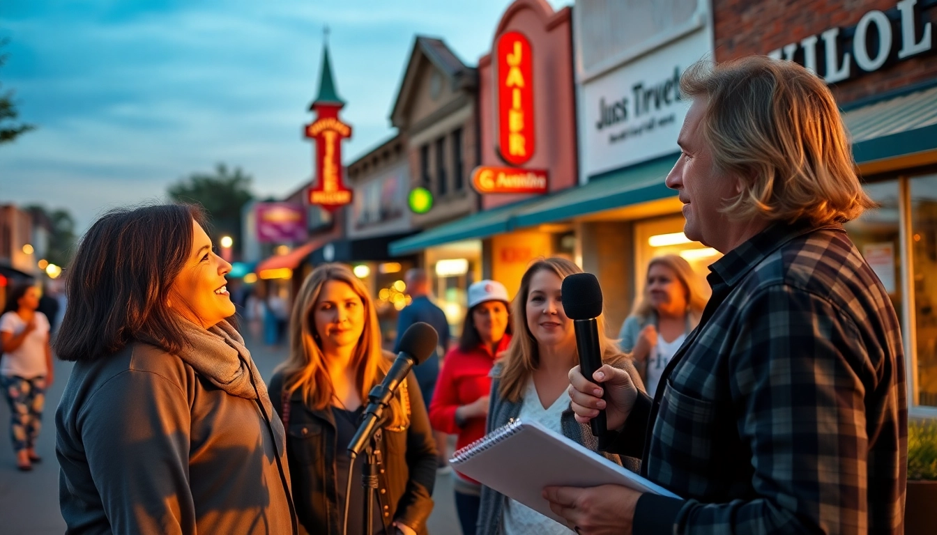 Engaging interview capturing jasper news in lively community atmosphere with locals in conversation.