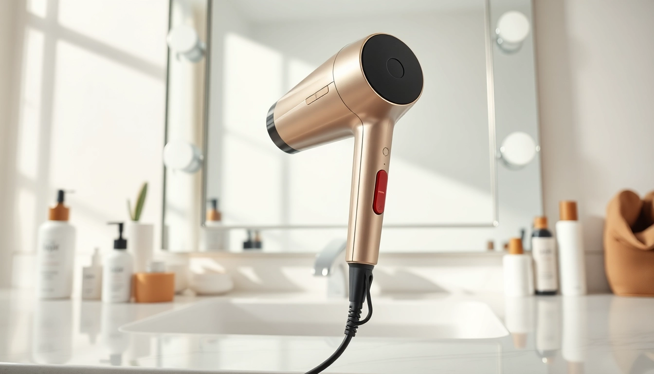 Stylish hair dryer elegantly displayed on a modern vanity surrounded by grooming essentials.