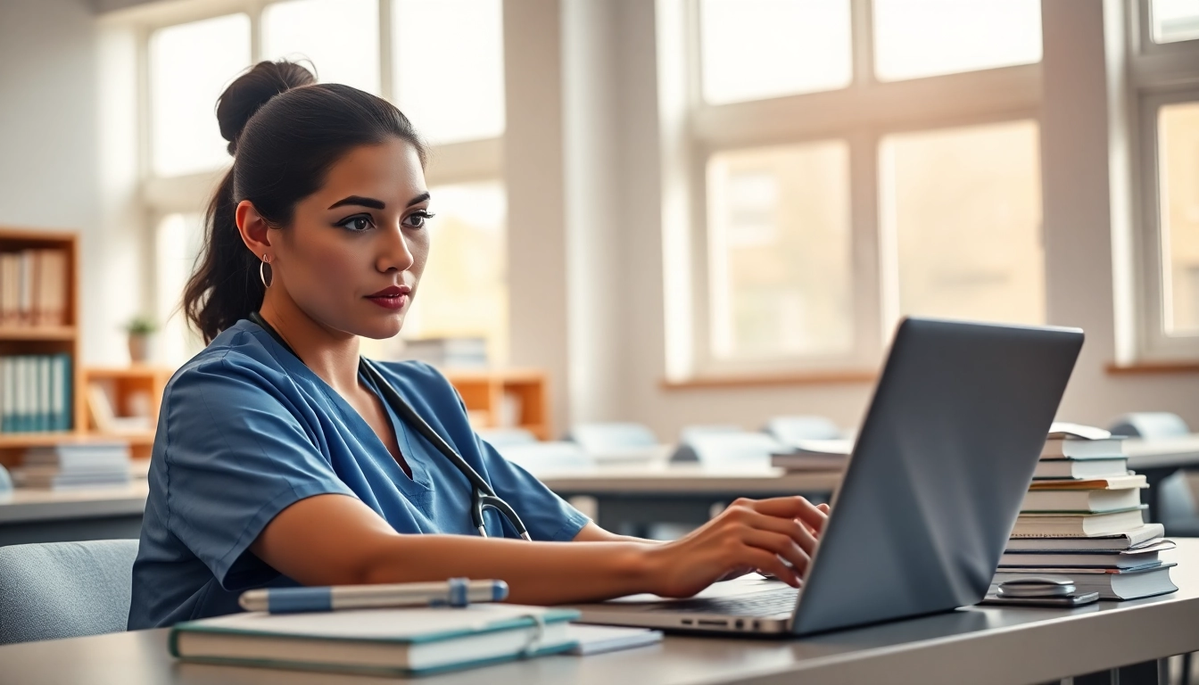 Nurse engaged in continuing education studies for nursing ceus in a classroom.