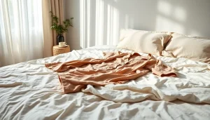 Cozy bamboo sleepwear set arranged beautifully on a soft bed, showcasing its luxurious fabric.