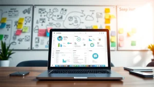 Illustrate social media and blog automation with a modern workspace showcasing a laptop and workflow tools.