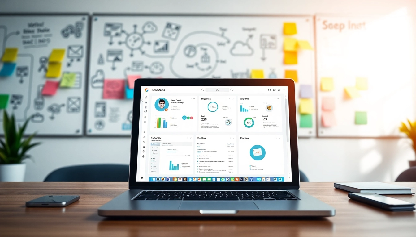 Illustrate social media and blog automation with a modern workspace showcasing a laptop and workflow tools.