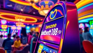 Menggambarkan suasana kasino dengan mesin slot batman138 rtp yang cerah dan menarik.
