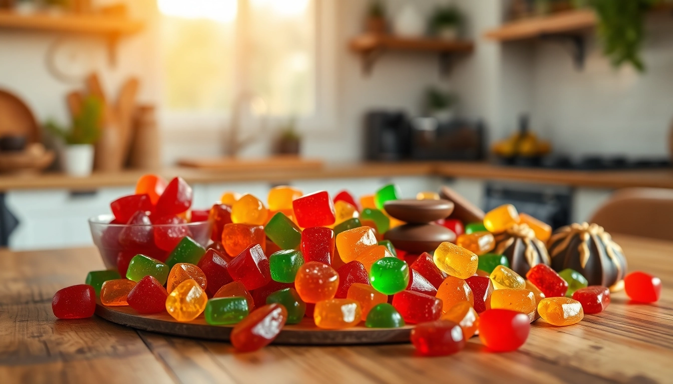 Order THC edibles in an enticing display of colorful gummies and chocolates.