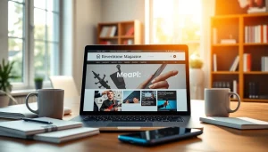 Showcase engaging workspace featuring Reverbtime Magazine on a laptop with modern props.