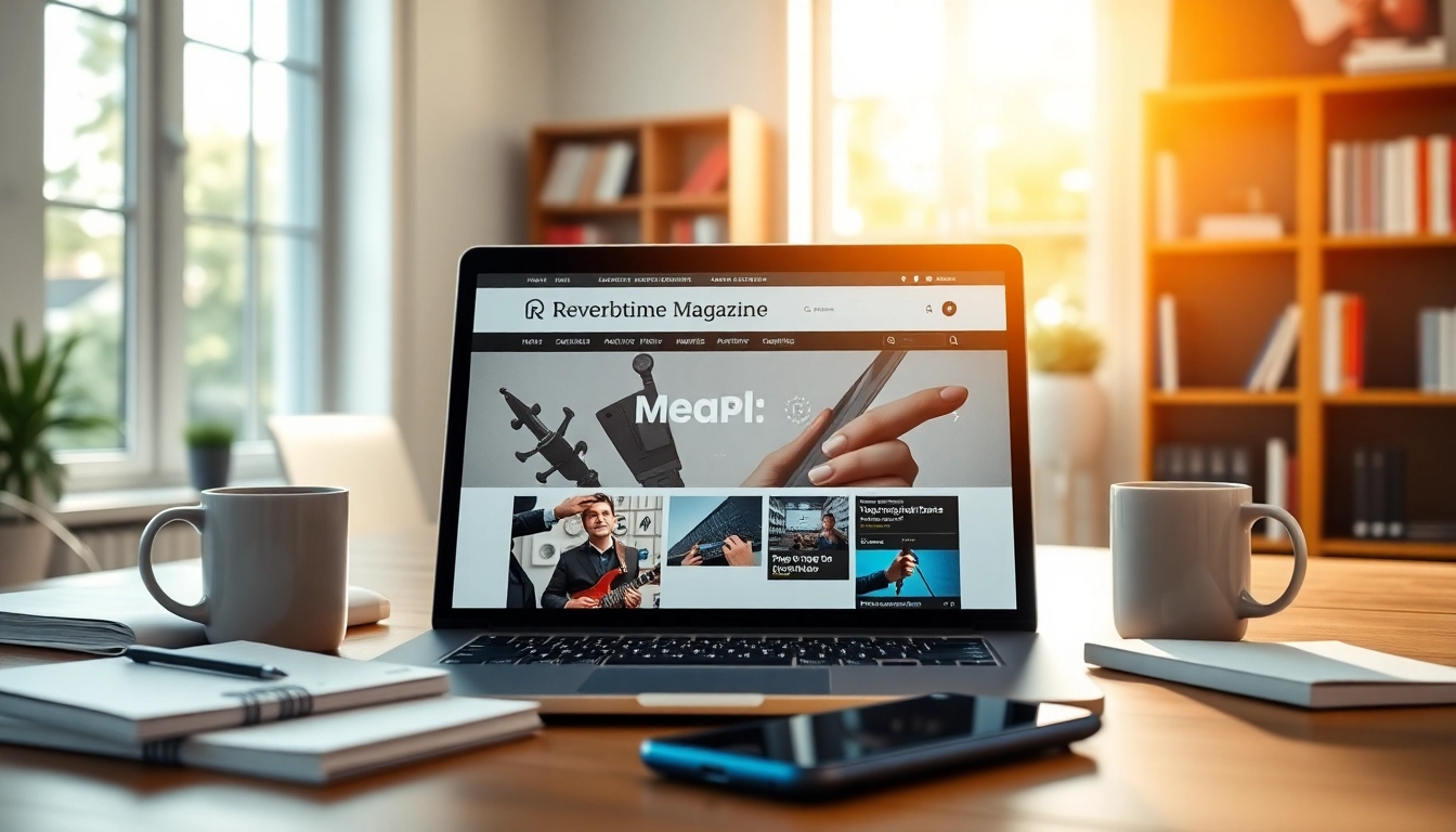 Showcase engaging workspace featuring Reverbtime Magazine on a laptop with modern props.