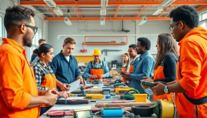 Students actively learning at trade schools in Hawaii with tools in a bright classroom setting.