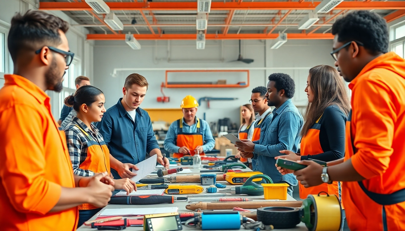 Students actively learning at trade schools in Hawaii with tools in a bright classroom setting.