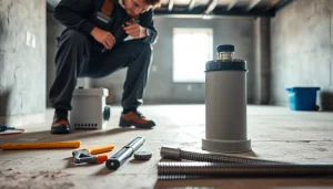 Sump pump installation process highlighted with technician and tools in a modern basement setting.