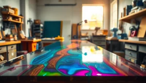 Applying laminating resin to vivid fiberglass sheets in a bright workshop.