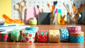 Colorful washi tape rolls showcasing designs and patterns on a craft table.