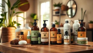 Showcasing various natural hair products in an inviting bathroom setting.