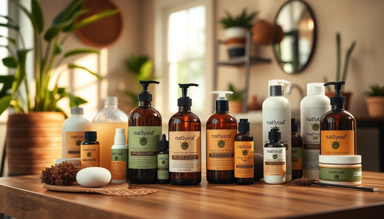 Showcasing various natural hair products in an inviting bathroom setting.