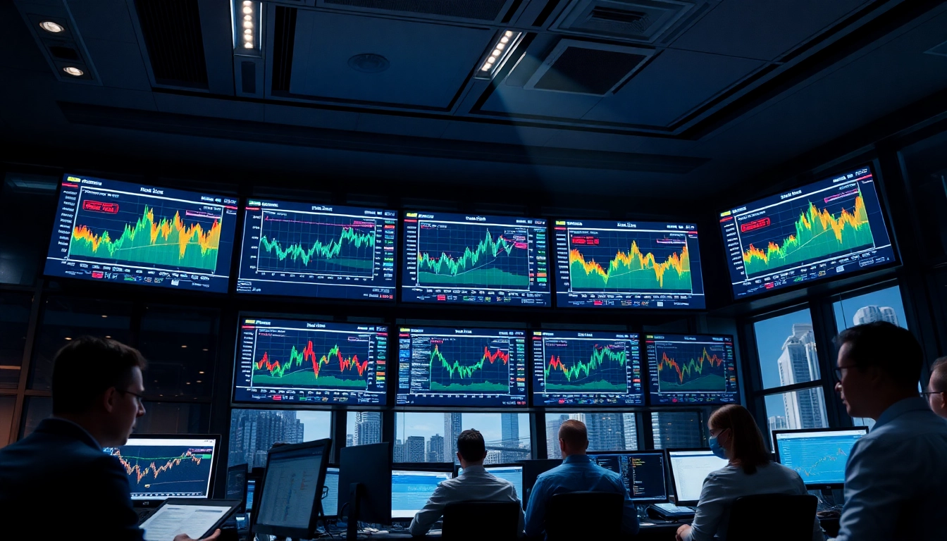 Explore innovative trading tools visualized on screens in a bustling trading room.