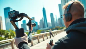 Capture smooth action shots using a handheld gimbal in a vibrant urban setting.