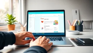 Utilize the fusion pdf tool on a sleek laptop in a modern workspace for efficient file management.
