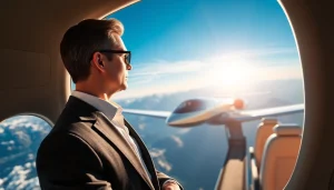 Experience personalized private jet services with a luxurious jet flying above stunning scenery.