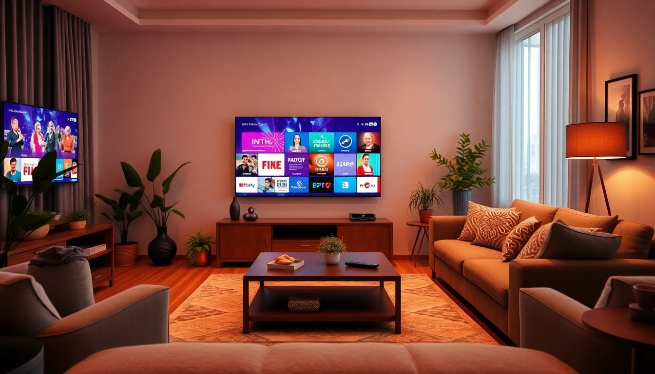 Comprar IPTV en un acogedor salón con una pantalla grande mostrando canales vibrantes.