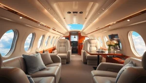 Experience personalized private jet services in a luxurious cabin, featuring elegant design and spacious seating.