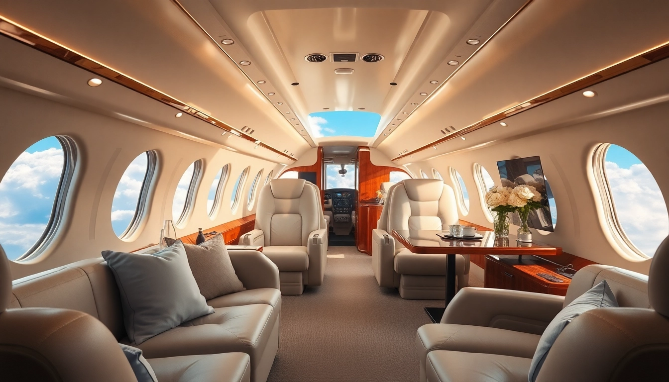 Experience personalized private jet services in a luxurious cabin, featuring elegant design and spacious seating.
