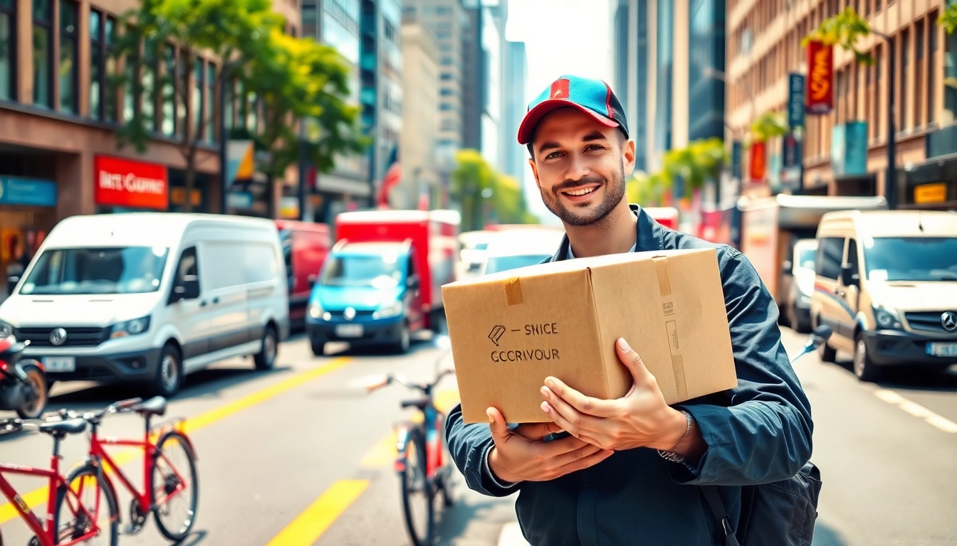 Showcasing courier services delivery in an urban setting with a courier and vehicles.
