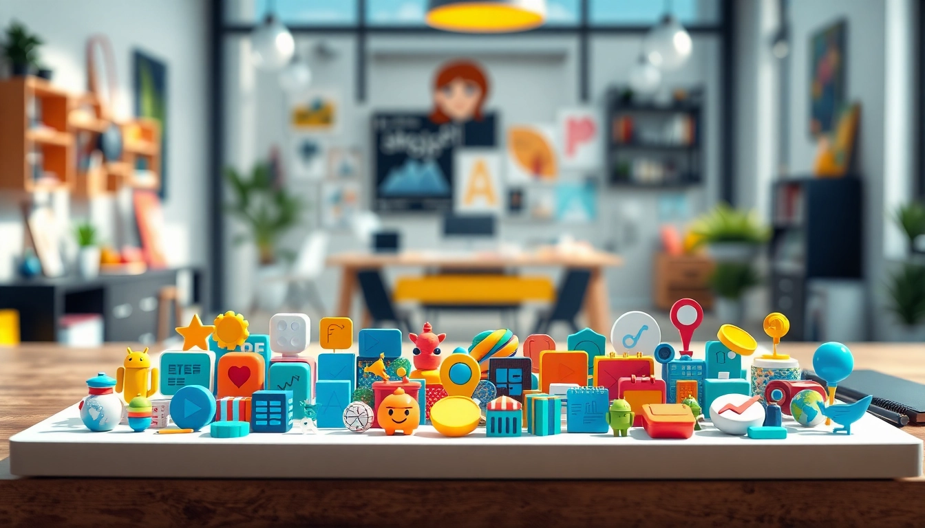 Colorful Icons artistically displayed on a digital workspace highlighting creativity.
