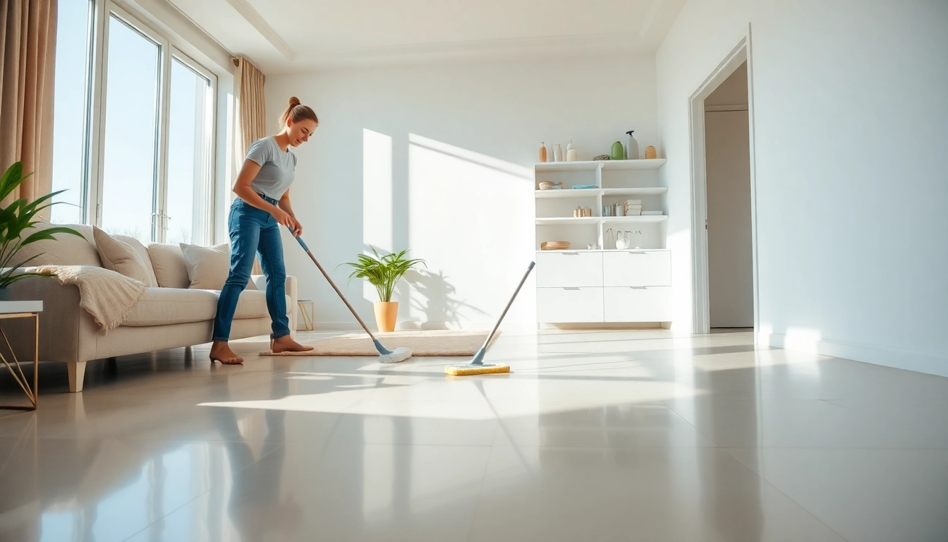 Bond cleaning Logan professional cleaner scrubbing a floor in a brightly lit home.