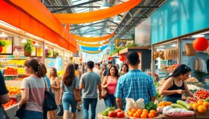Explore an engaging ultimateshop marketplace scene filled with vibrant stalls and active shoppers.