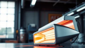 Infrared heating lamp providing radiant warmth in an industrial workspace.