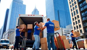 Manhattan movers efficiently packing a truck in bustling New York City.