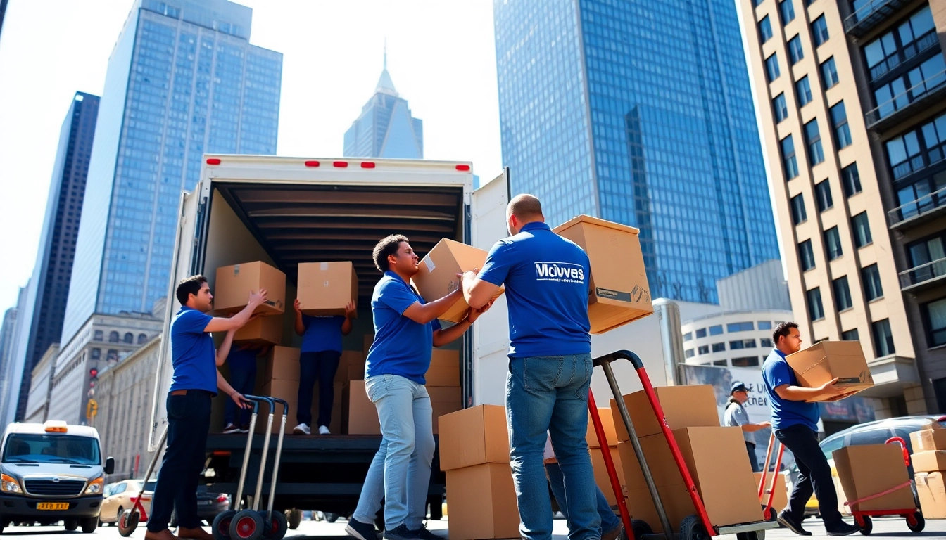 Manhattan movers efficiently packing a truck in bustling New York City.