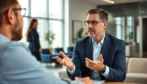 Headhunter Hagen bespricht Karrieremöglichkeiten mit einem Klienten in einem modernen Büro.