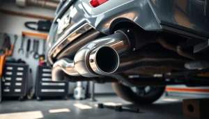 Close-up view of an n55 downpipe in a garage showcasing its polished design and detailed craftsmanship.