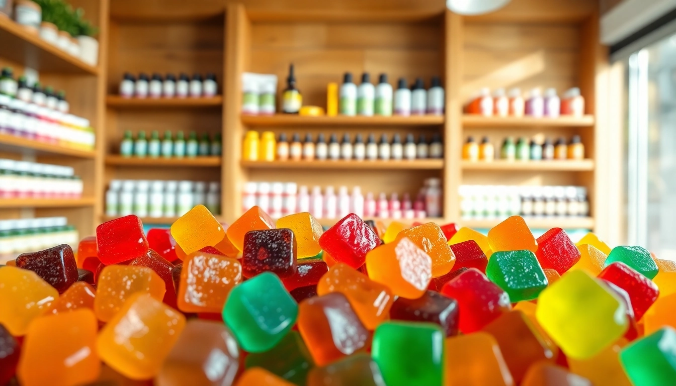 Engaging assortment of wholesale CBD edibles in a vibrant retail space, showcasing colorful gummy treats.