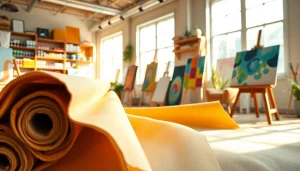 Canvas stoffen in een creatieve studio met verschillende kleuren en texturen.