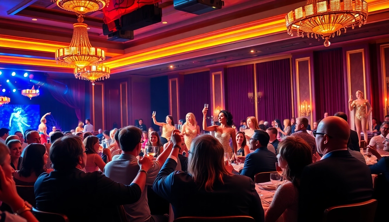 Enjoying a vibrant Las Vegas dinner shows scene with entertainers and an engaged audience.