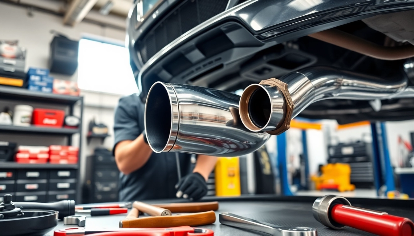 Install an n55 downpipe in a professional automotive workshop with a mechanic focused on the task.