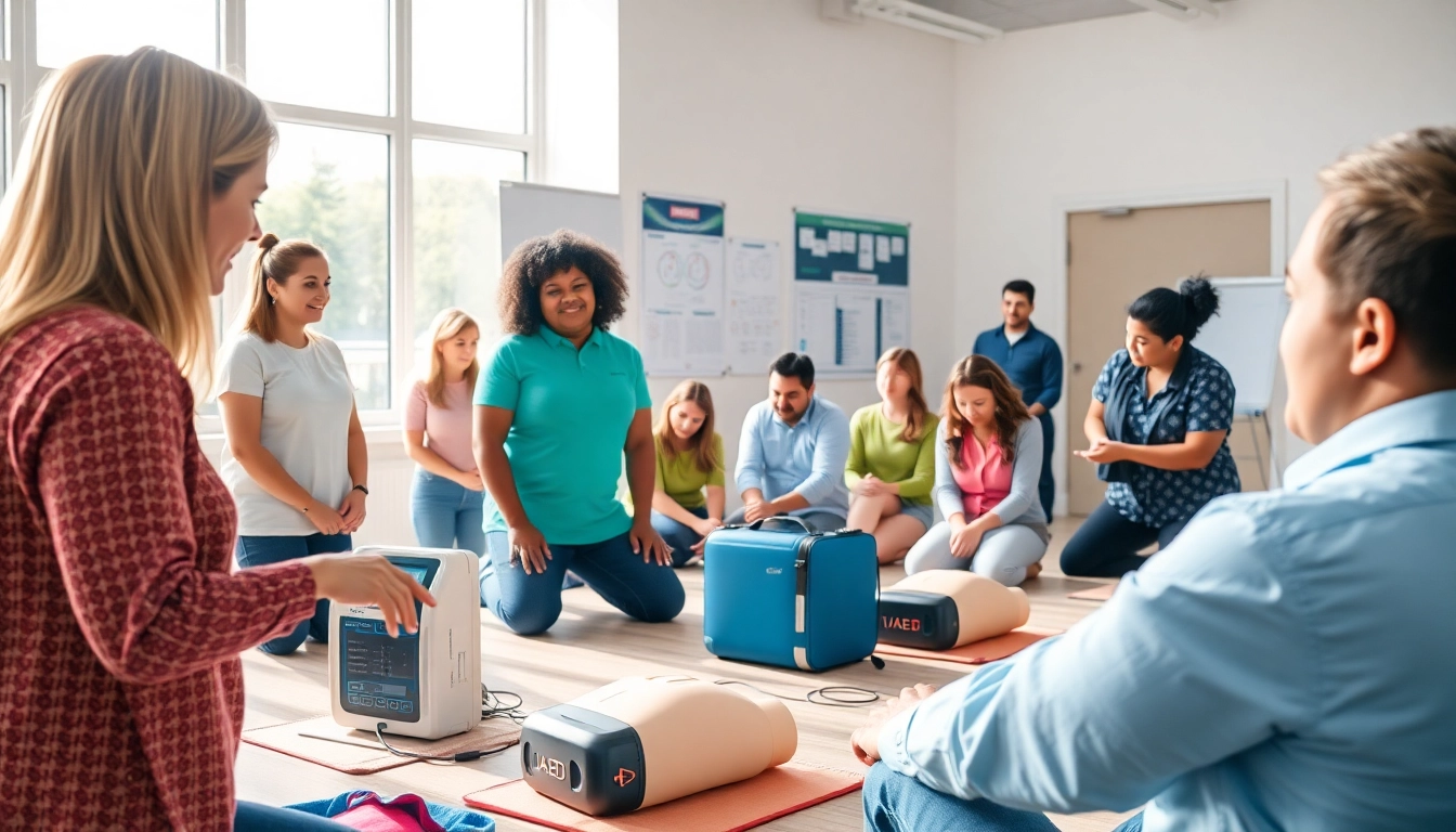 Participants in an AED Instructor Class learn hands-on techniques with an instructor in a modern training room.