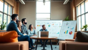 Illustration of collaborative seo and web design companies brainstorming in a modern office setting.