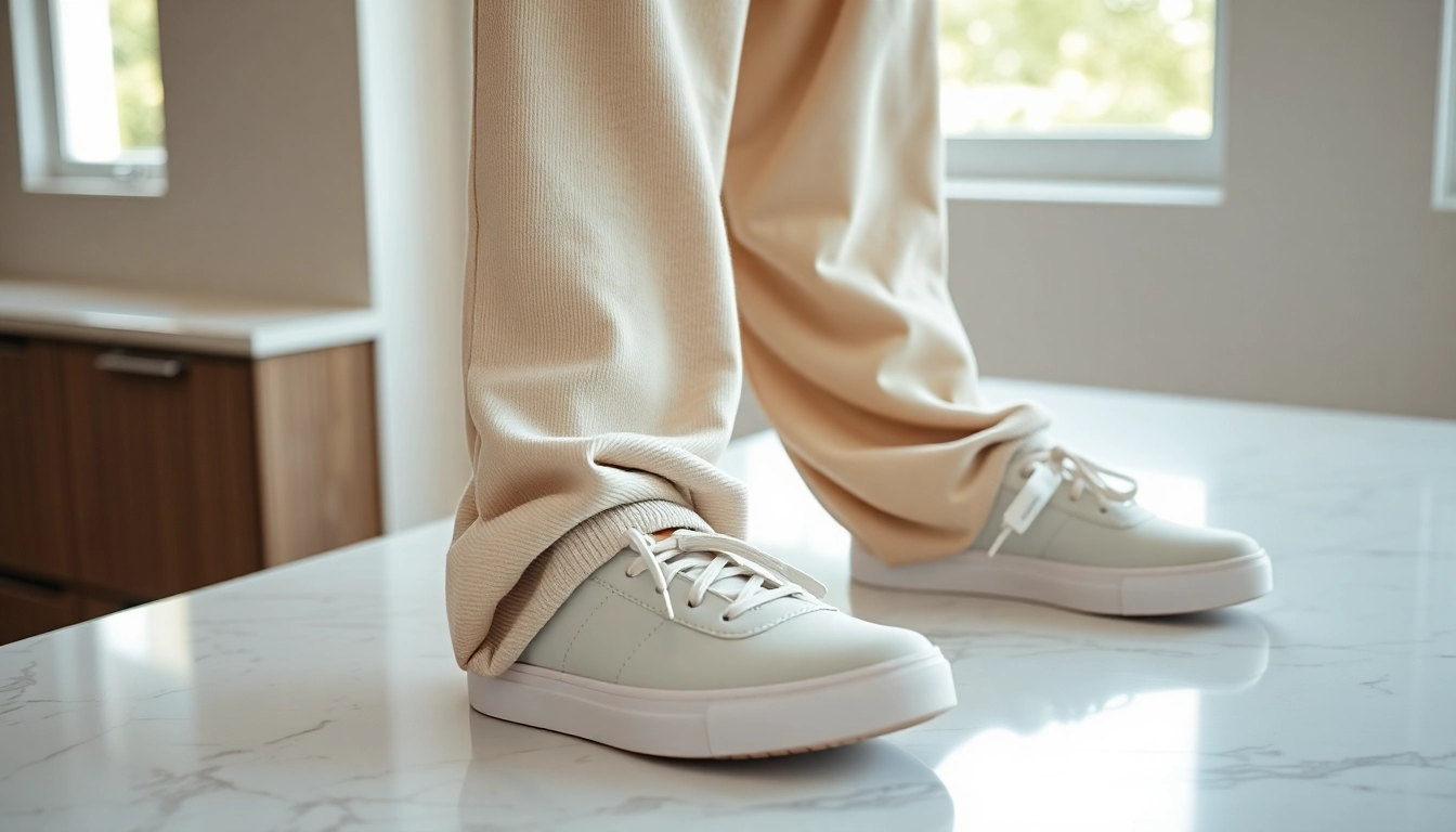 Model wearing oversized sweatpants showcasing comfort and style paired with trendy sneakers.