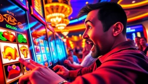 Pemain bersemangat saat bermain bos88 slot dengan simbol berkilau di kasino yang mewah.