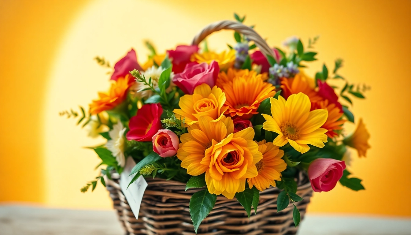 Enhance your celebrations with Flower Delivery Hurstbridge, featuring a vibrant bouquet in a rustic basket.
