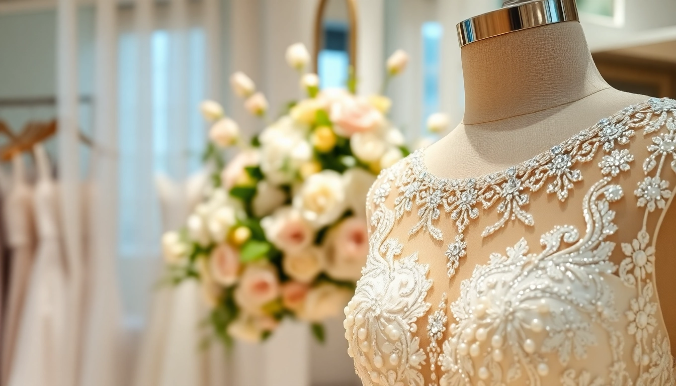 Showcasing a beaded wedding dress with intricate details in a charming bridal boutique.