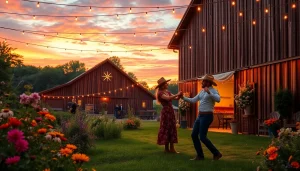 Capturing vibrant firelight barn photos with couples celebrating in a sunset-lit rustic venue.