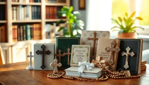 Explore stunning Christian gifts displayed in a warm setting, perfect for meaningful occasions.