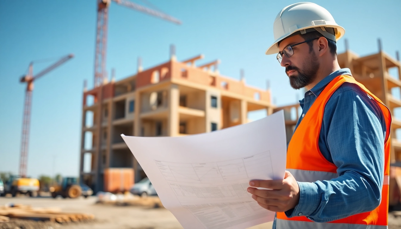 New Jersey General Contractor analyzing blueprints at a construction site.